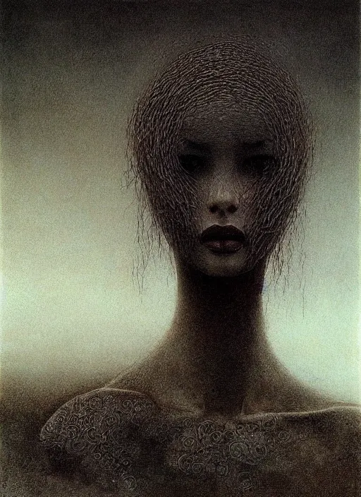 Prompt: girl with short hairs by Beksinski and Luis Royo