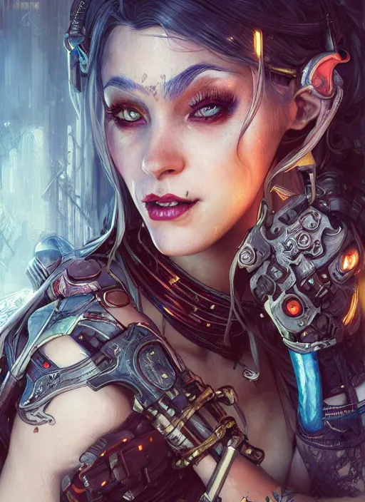 Image similar to a beautiful illustration of cyberpunk elven harley quinn, intricate, sharp focus, illustration, highly detailed, digital painting, concept art, matte, art by wlop and artgerm and greg rutkowski and alphonse mucha, masterpiece