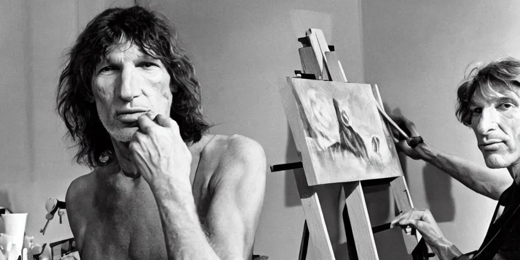 Image similar to pink floyd's roger waters, stands at his easel, painting a self portrait