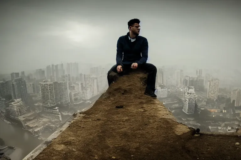 Image similar to Photo of a man sitting on the roof of a car in a sunken city in heavy rain., outdoor lighting, dynamic lighting, volumetric, wide angle, anamorphic lens, go pro, 4k