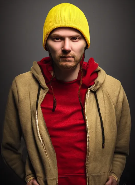 Image similar to portrait of a lithuanian man wearing a red beanie and sleeveless hoodie, gold necklace, highly detailed, realistic, studio quality, studio photo, studio lighting, trending on artstation, sharp focus, 4 k