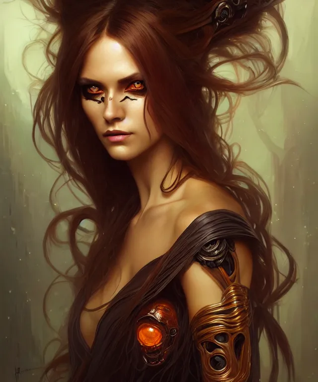 Image similar to Halloween woman portrait, sci-fi, amber eyes, face, long hair, fantasy, intricate, elegant, highly detailed, digital painting, artstation, concept art, smooth, sharp focus, illustration, art by artgerm and greg rutkowski and alphonse mucha