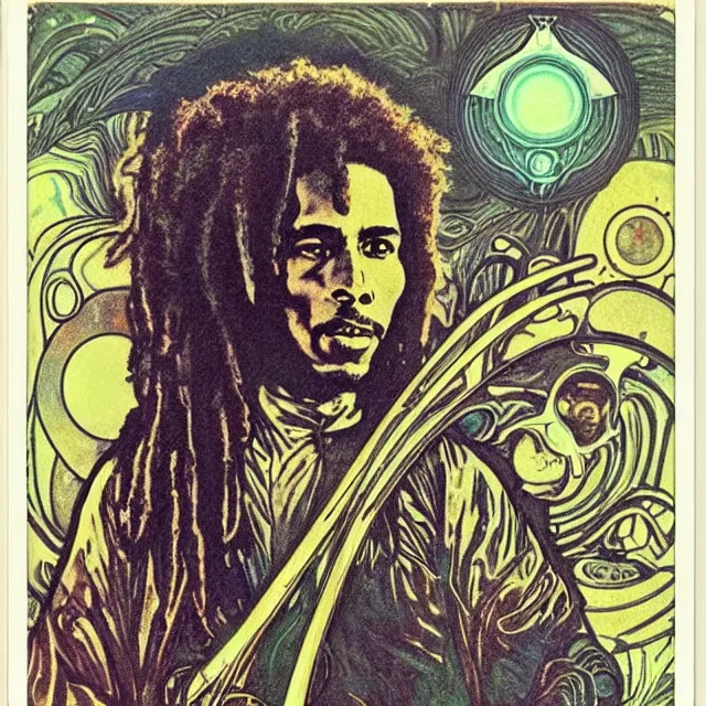 Image similar to polaroid of a vintage record cover by Franklin Booth showing a portrait of Bob Marley as a futuristic space shaman, Alphonse Mucha background, psychedelic art, star map, smoke, sciFi