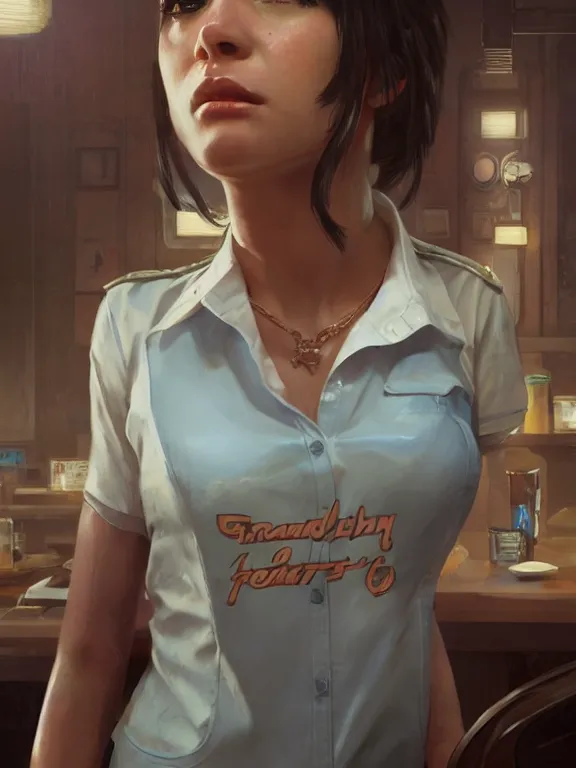 Image similar to portrait of a young female waitress from grand theft auto 5, art by ryo shiotani and greg rutkowski, intricate, beautiful, cute, cinematic lighting, vintage art by serge ivanoff, high resolution, very detailed