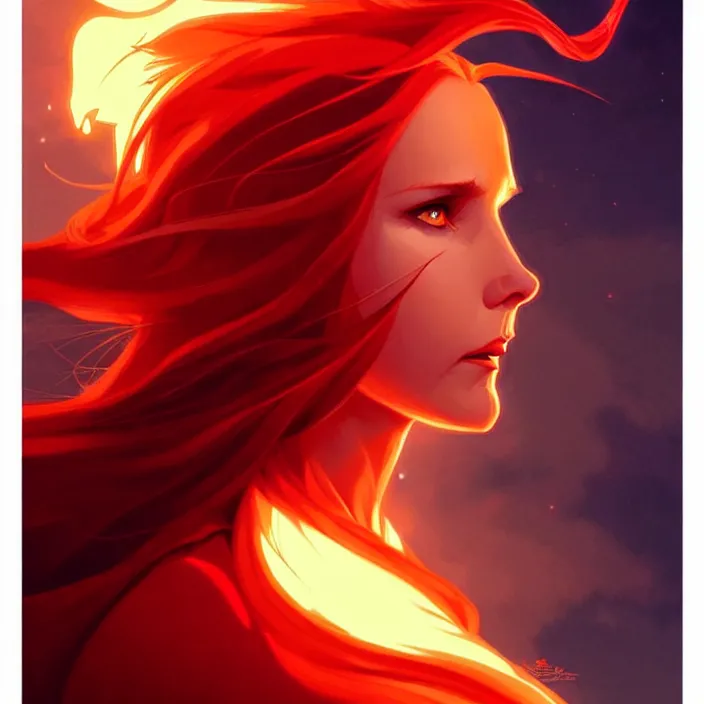 Image similar to style artgerm, joshua middleton, gerald brom, beautiful kristen bell with dark red dress, very long orange hair, symmetrical face, symmetrical eyes, fire powers fire swirling, detailed, volcano setting, cinematic lighting