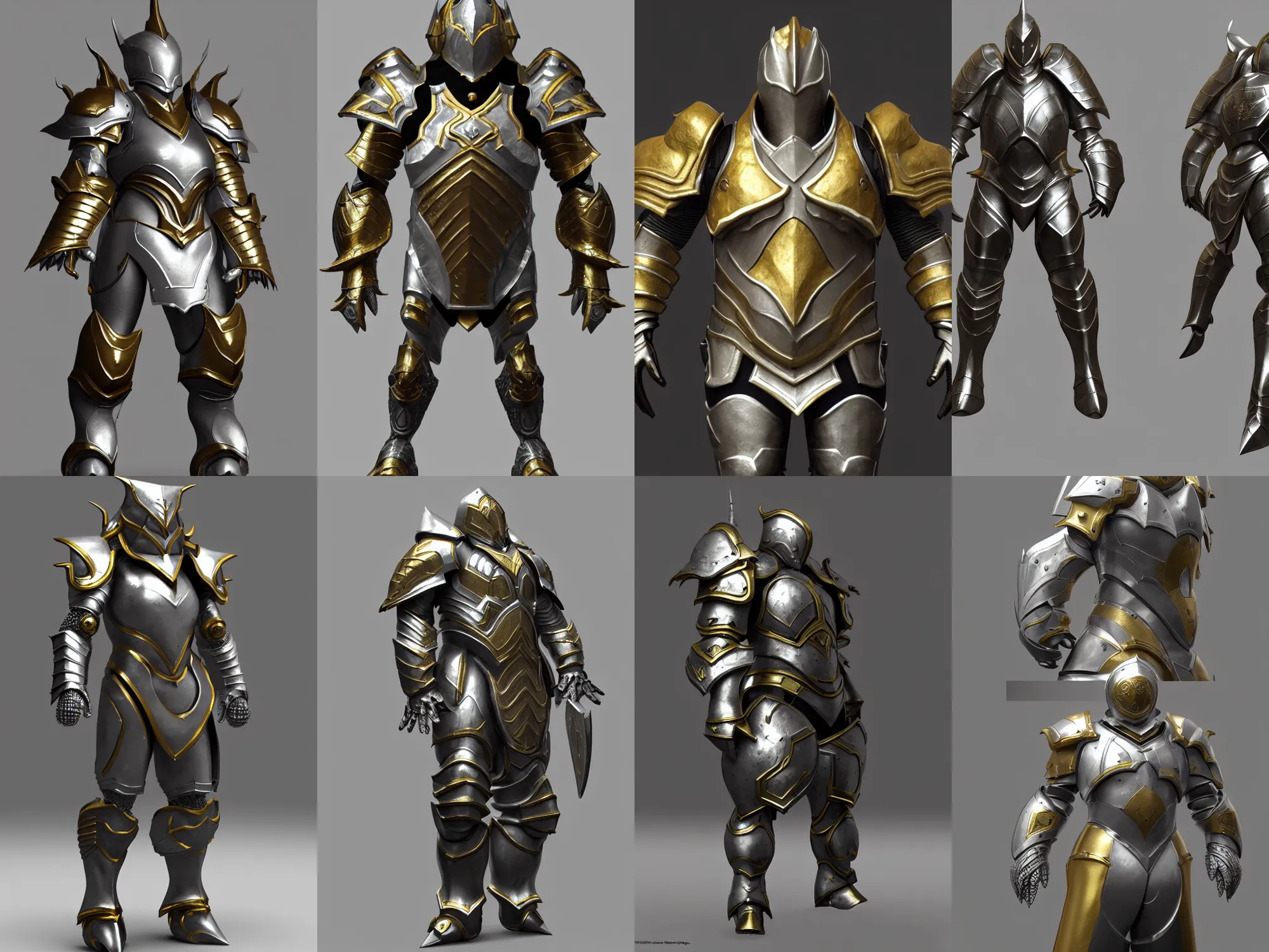Prompt: render of heavy fantasy armor, silver with gold trim, extremely clean, exaggerated proportions, trending on Artstation, HD Octane render, 8K