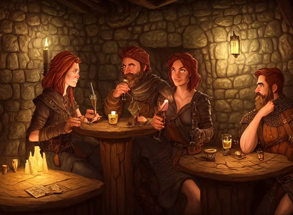 Prompt: a beautiful adventuring couple drinking, dimly-lit cozy tavern, relaxed poses, fantasy art, detailed painterly digital art style by Chip Zdarsky, d&d vibe, leather tunic, chainmail, robes, fireplace, rogue with short dark hair, ranger with long blonde hair, bald dwarf, 🍸, 8k octane beautifully detailed render, post-processing, extremely hyperdetailed, intricate, epic composition, grim yet sparkling atmosphere, cinematic lighting + masterpiece, trending on artstation, very detailed, vibrant colors