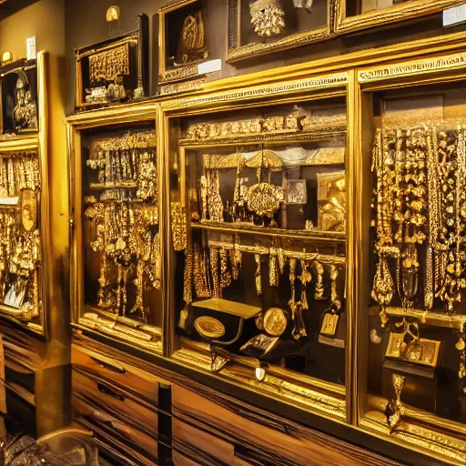 Prompt: A great display room filled with gold, artifacts, jewels and treasures lost to time, ultra-high definition, 4K, museum quality photo