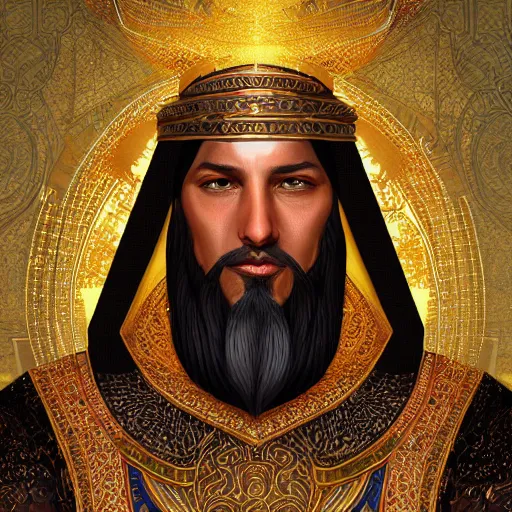 Image similar to A portrait of sultan Saladin, intricate, ornate, Hyperdetailed, digital art, behance, artstation, smooth, sharp focus, bokeh, illustration, digital painting, elegant, symmetrical