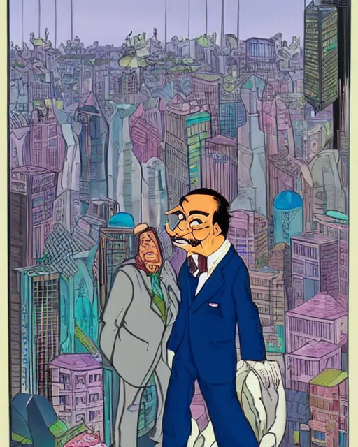 Prompt: villainous smug male antagonist in suit, fancy apartment, overlooking cityscape, artwork by ralph bakshi