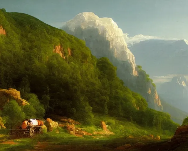 Prompt: a painting of a covered wagon traveling down a road by a mountain, lush countryside, early morning, thomas cole