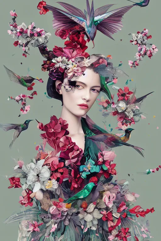 Prompt: fashion illustration of a beautiful girl wearing an origami dress, eye - level medium shot, fine floral ornaments in cloth and hair, hummingbirds, elegant, by eiko ishioka, givenchy, by peter mohrbacher, centered, fresh colors, origami, fashion, detailed, playful, dreamy, vogue, japanese, reallusion character creator