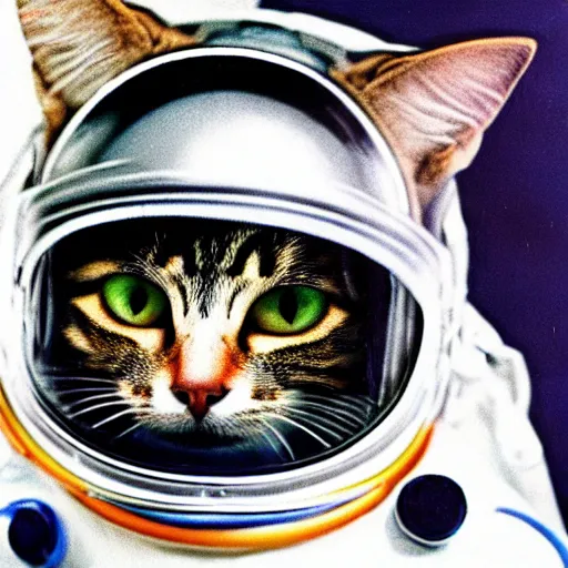 Image similar to a portrait of a cat behind the space suit helmet