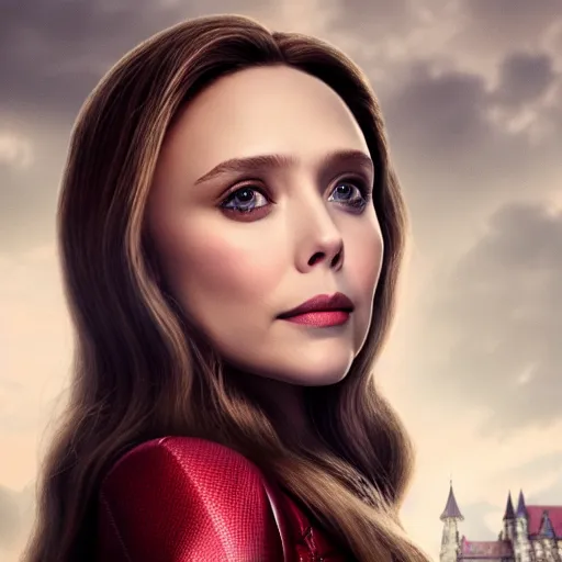 Image similar to Elizabeth Olsen as Scarlet Witch, head and shoulders portrait, extremely detailed masterpiece, one single continues line.