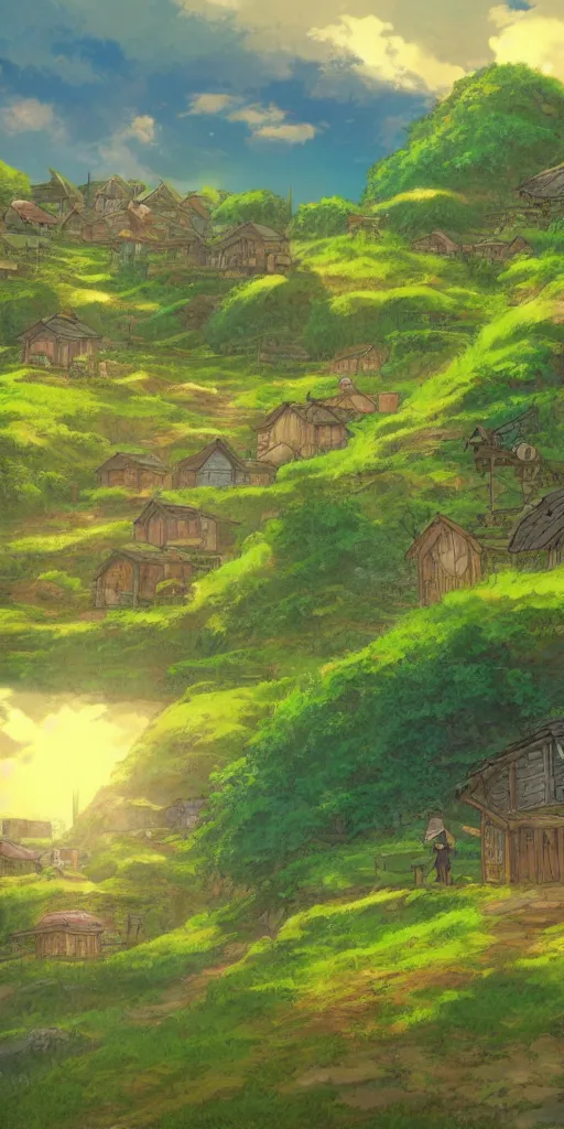 Prompt: anime screenshot wide-shot landscape hobbit village, Shire, beautiful ambiance, golden hour, studio ghibli style, by hayao miyazaki, sharp focus, highly detailed,