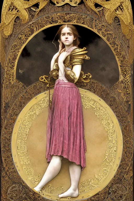 Image similar to a full body art nouveau portrait of a 16-year old girl who resembles Emma Watson, Saoirse Ronan and Anya Taylor Joy, ornate intricate golden battle armor, intricate, elegant, highly detailed, digital painting, artstation, concept art, smooth, sharp focus, illustration, art by John William Waterhouse and greg rutkowski and Donato Giancola and alphonse mucha