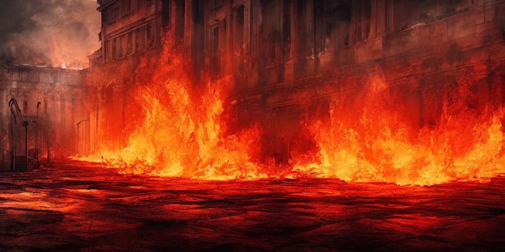 Image similar to Painting of the great fire of rome, abstract, realism, 8k, detailed, terror, octane render, 3d render, complex emotion, glow, orange, beautiful, cinematic