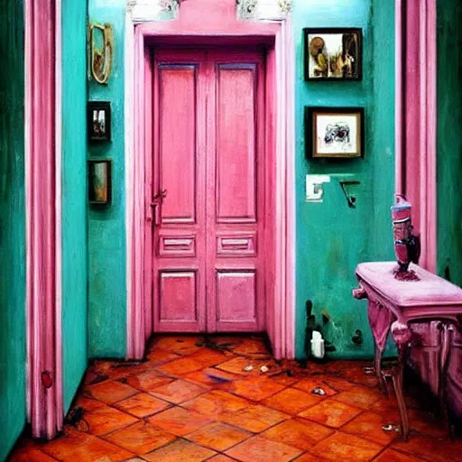 Image similar to diego dayer, hyperrealistic surrealism, award winning masterpiece with incredible details, a surreal vaporwave painting of pink door leading to a teal room, mirrors everywhere, highly detailed, hallway with black and white checkered floor, intricate, elegant