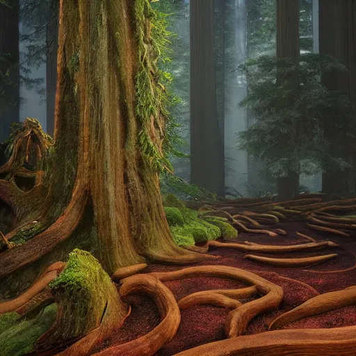 Image similar to enchanted magical illumined twisty swirly watery ( next level ) giant redwood forest. spells. runes. 8 k. uhd. octane render. highly elegant, detailed. harmonic composition. epic composition. hd.