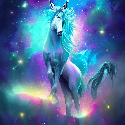 Prompt: fantasy painting of the constellation of the unicorn, cool colors, high contrast, high energy, artstation contest winner, eerie aura