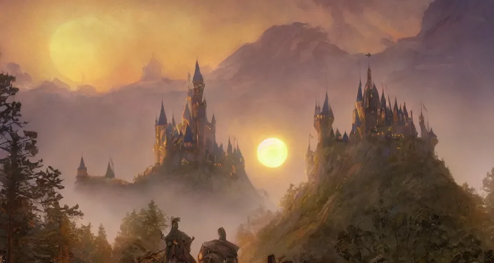 Image similar to happy disney castle rising up from the mist in the morning silhouetted by a single huge moon, anders zorn, thomas kincade, trending on artstation, lava, dungeons and dragons, saturated colors, fun, happy, golden hour