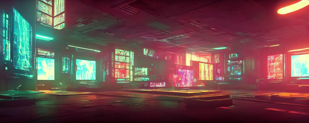 Prompt: an cyberpunk temple made of tv screens, glowing displays, octane render, unreal engine, 8 k, cinematic, artwork by ilya kuvshinov