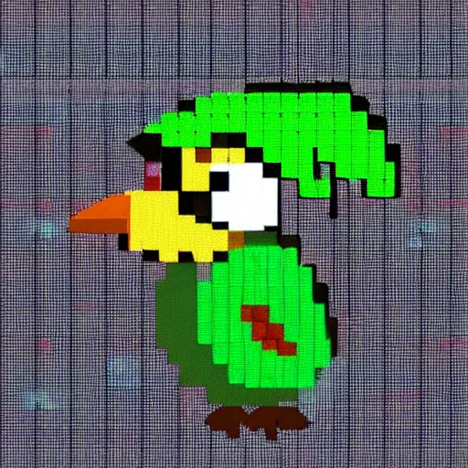 Prompt: a bird with a hat in pixelart