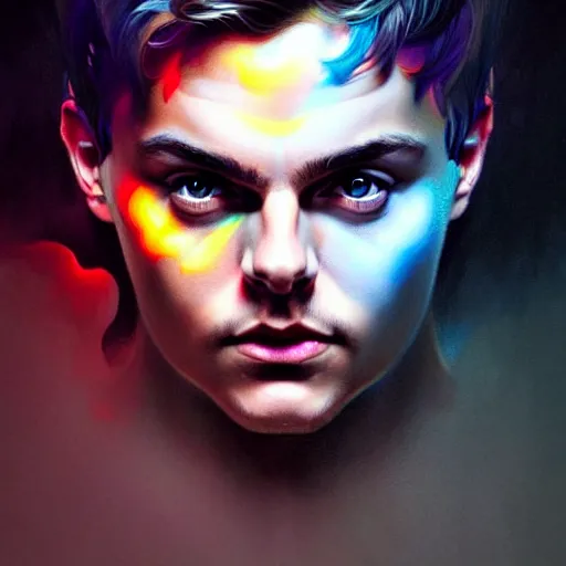 Prompt: Martin Garrix , colorful painting on grey scale face, powerful , magic, thunders, dramatic lighting, intricate, wild, highly detailed, digital painting, artstation, concept art, smooth, sharp focus, illustration, art by artgerm and greg rutkowski and alphonse mucha, footage