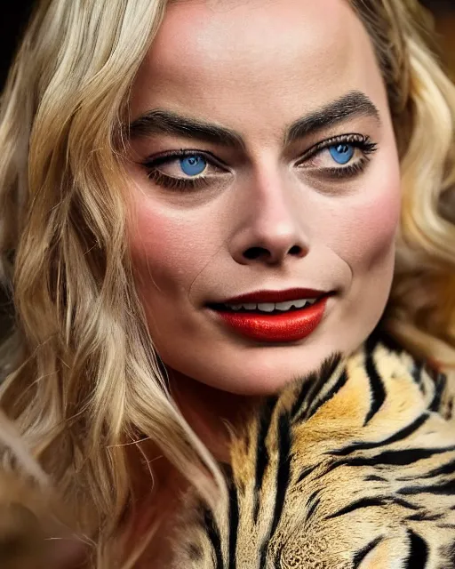 Image similar to A detailed photo of margot robbie wearing a tiger suit, detailed face, highly detailed, cinematic, full body shot, 4k, hd, sharp