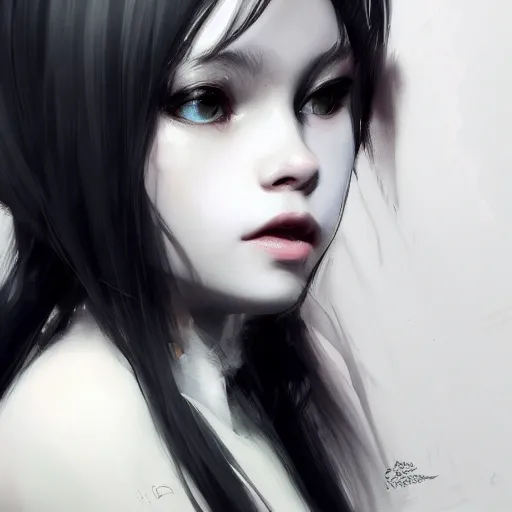 Prompt: a cute and beautiful girl by ruan jia, 8 k, closeup headshot, smooth, trending on artstation, black long hair, black eyes, movie poster style