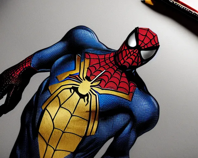 Image similar to photorealistic sketch of black spider - man with gold webbing