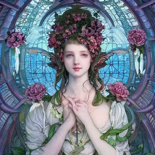 Prompt: aerith gainsborough, intricate, elegant, hyper detailed, finely detailed beautiful angelic symmetry face delicate, smooth, sharp focus, award - winning, masterpiece, in bloom greenhouse, shining light came in through the window, style of tom bagshaw, cedric peyravernay, peter mohrbacher, louis comfort tiffany, victo ngai, 4 k hd illustrative wallpaper