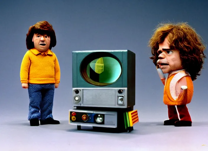 Prompt: a scene from a 1 9 7 0 s british kids tv programme by the bbc and oliver postgate, stop motion animation, peter dinklage, vhs distortion, cathode ray tube distortion, folk horror, hauntology, 8 k, 8 5 mm f 1. 8, studio lighting, rim light, right side key light