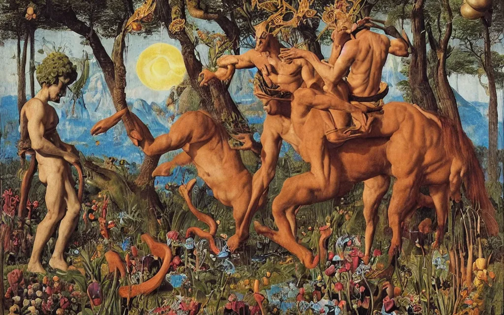 Image similar to a portrait photograph of a meditating satyr and a centaur monk riding a rocket machine and hunting at a river delta. surrounded by bulbous flowers and trees. mountain range under a blue sky of fiery stars. by jan van eyck, max ernst, ernst haeckel, ernst fuchs and artgerm, cgsociety, fashion editorial, 8 k