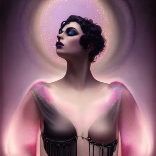 Prompt: by tom bagshaw, photorealistic body shot of a carnival, very stunning beautiful curvy full gothic long dress, ultra deep fog, purple black lustrous thin haircut, glowing glass spheres, reflections and refractions, symmetry accurate features, focus, very intricate ultrafine details, award winning masterpiece