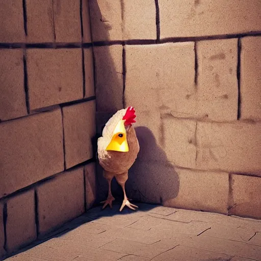 Prompt: man dressed as a chicken hiding behind a corner, trending artstation, award winning photo