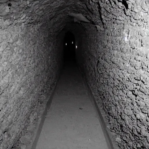 Image similar to creepy, incredibly tall, skinny and pale creature lurking in the catacombs and smiling at the camera captured on film camera