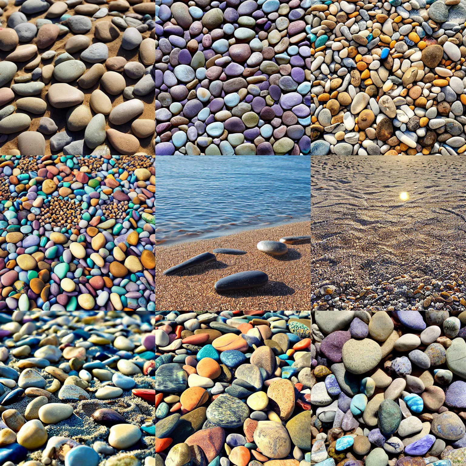 Prompt: the beach pebbles on the warm, sun - drenched island glowed as if from within.