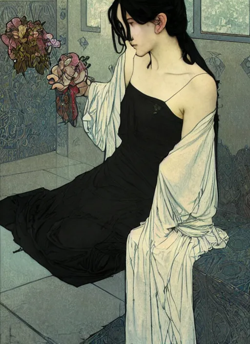 Image similar to a lonely young girl with straight long black hair wearing black dress that sitting on bathroom floor, art by artgem, greg rutkowski and alphonse mucha