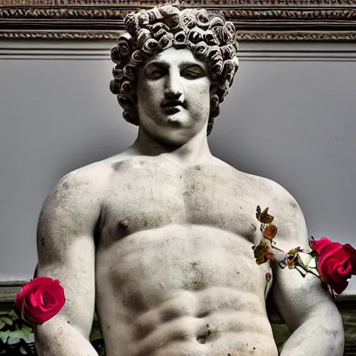 Image similar to portrait of a greek statue covered in roses, by julia pott