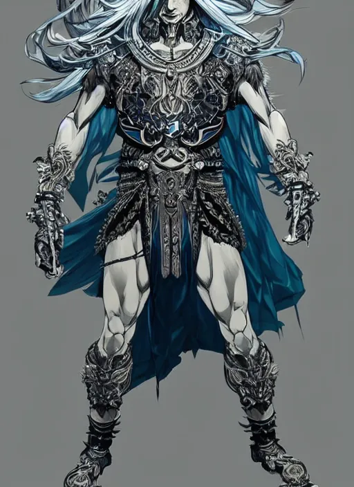 Prompt: Full body portrait of god with long silver hair, half man half wolf, wearing ornate pale blue attire. In style of Yoji Shinkawa and Hyung-tae Kim, trending on ArtStation, dark fantasy, great composition, concept art, highly detailed, dynamic pose.