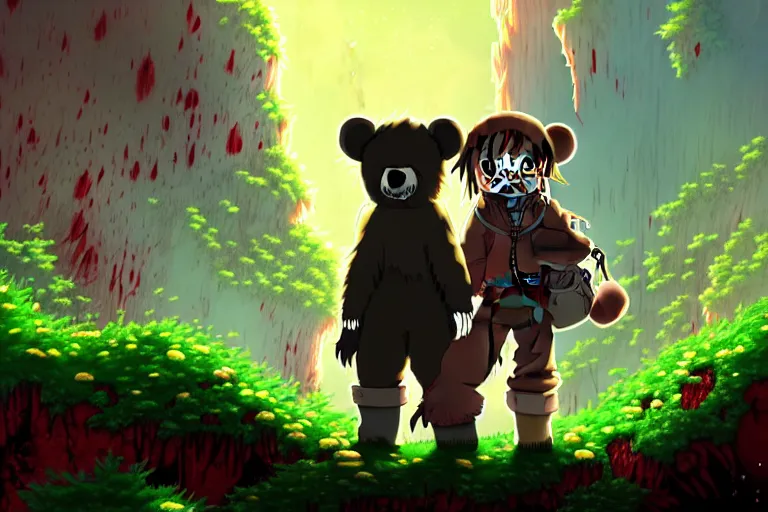 Prompt: high resolution 4 k gore, blood, furry bears horror made in abyss design bizarre design body a field of cool colors shading war bloody war wounded country bears rock afire explosion billy bob made in abyss body horror bears fluffy cute deformed black skydave sim rosewood art in the style of akihito tsukushi and jim henson - h 5 7 6