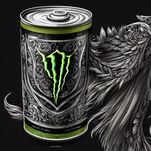 Image similar to aluminian can of monster energy drink, intricate and very very beautiful and elegant, highly detailed, digital painting, artstation, concept art, smooth and sharp focus, illustration