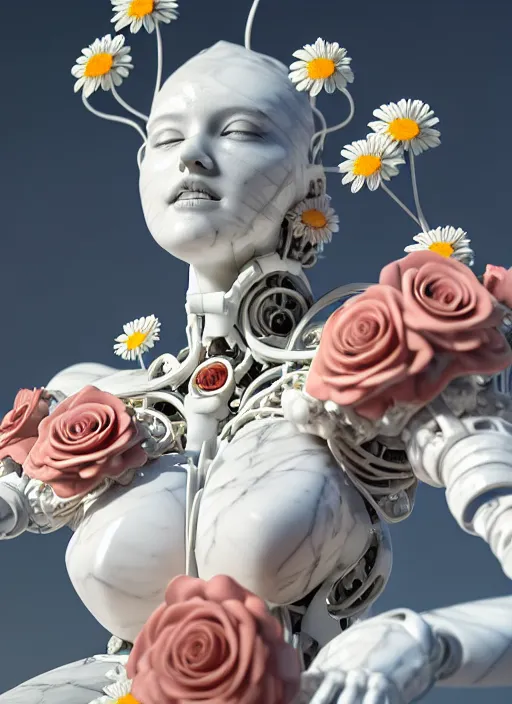 Image similar to biomechanical white marble statue made of corals, daisies, roses, well contoured smooth fair walls spraying perfume bottle, up close shot, sharp focus, global illumination, radiant light, alexandre ferra white mecha, irakli nadar, octane highly render, 4 k, ultra hd,