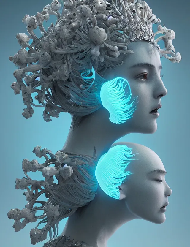 Image similar to symmetrical, centered, zbrush sculpt of goddess close-up portrait wigh crown made of skulls. phoenix betta fish, phoenix, bioluminiscent creature, super intricate ornaments artwork by Tooth Wu and wlop and beeple and greg rutkowski