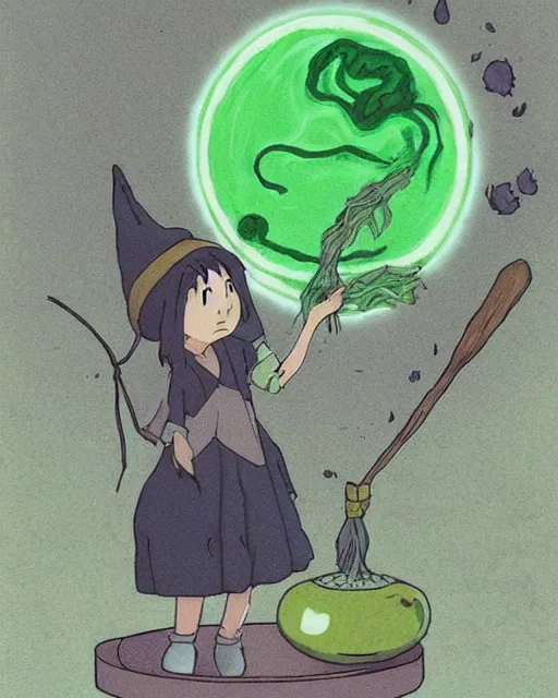 Prompt: a witch brewing a green glowing potion, concept art by studio ghibli, cute, anime : : artstyle of spirited away