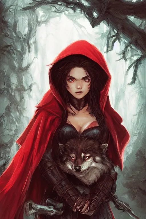 Image similar to amazon red riding hood holding wolf head, d & d, fantasy, highly detailed, headshot, digital painting, trending on artstation, concept art, sharp focus, illustration, art by artgerm and greg rutkowski and magali villeneuve