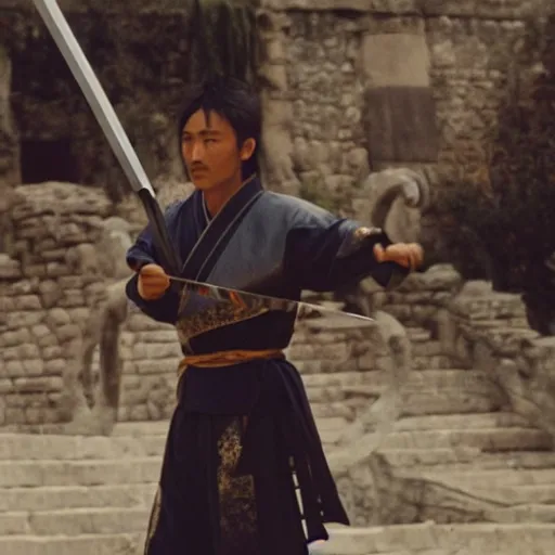 Image similar to xianxia fantasy, wuxia, xuanhuan martial artist fighting european knight, chinese swordsman fighting medieval european swordsman, fantasy, wuxia, pseudo - medieval fantasy, cinematic, 1 9 8 6 movie screenshot, french swordsman fighting chinese swordsman