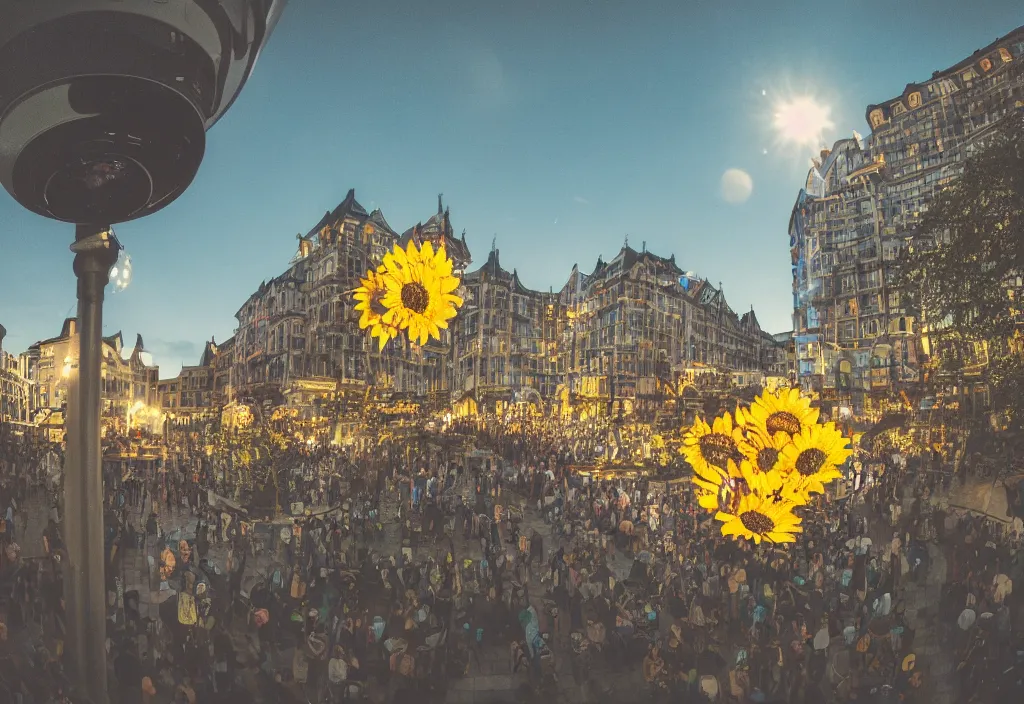 Image similar to 3 d 🌻 popping out of curved screen, town square, volumetric lighting, bokeh, shot on 7 0 mm, instax