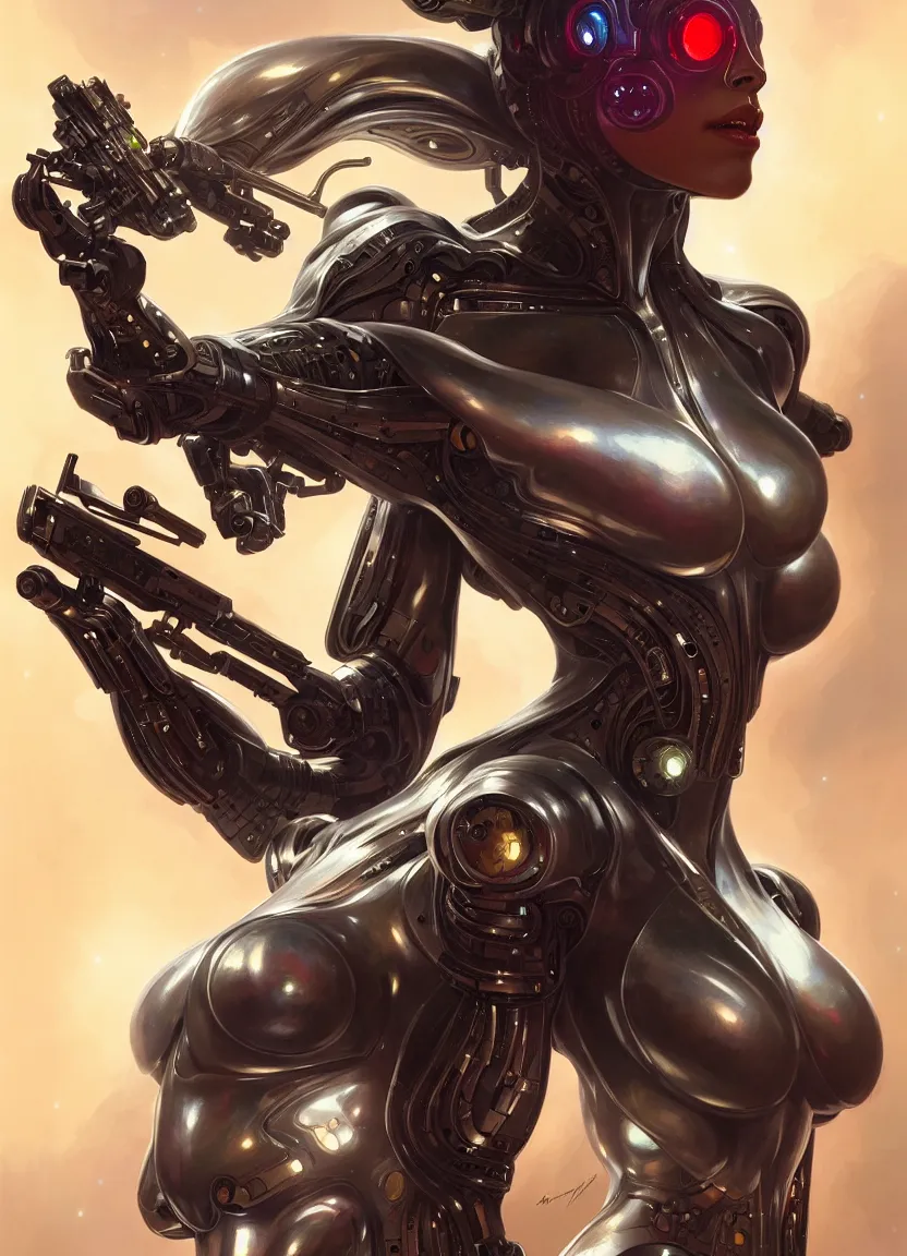 Image similar to cyborg alien with blaster, intricate, elegant, highly detailed, digital painting, artstation, concept art, matte, sharp focus, illustration, art by artgerm and greg rutkowski and alphonse mucha